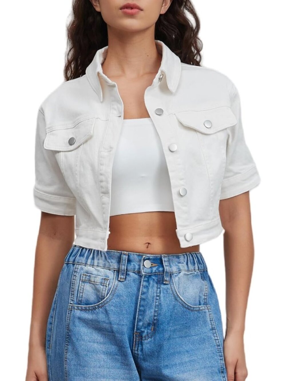 Women's White Cropped Denim Jacket Short Sleeves Button Down Jean Jackets